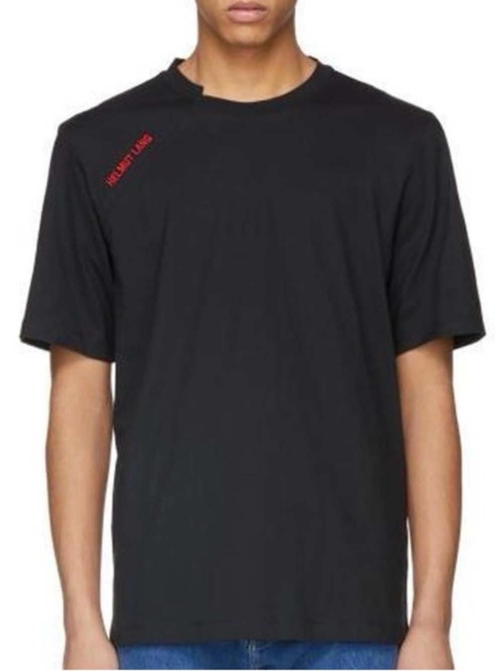 Helmut Lang Black Red Logo Cut Neck T-Shirt Short Sleeve Embroidered Cotton